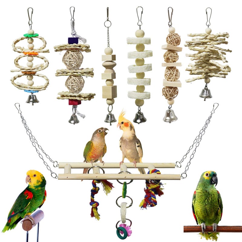 BWOGUE 7 Pack Bird Parrot Toys - Natural Wood Chewing, Climbing, Hanging & Hammock Toys for Small Parakeets, Cockatiels, Conures, Finches, Budgie, Parrots, Love Birds - Image 1